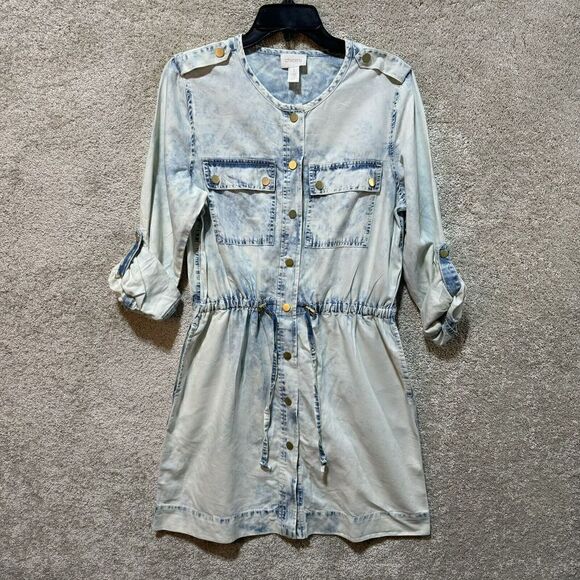 Chico's NWT Dynamic Denim Long Jean Jacket Women's XS Acid Wash Drawstring Snap - Picture 1 of 13